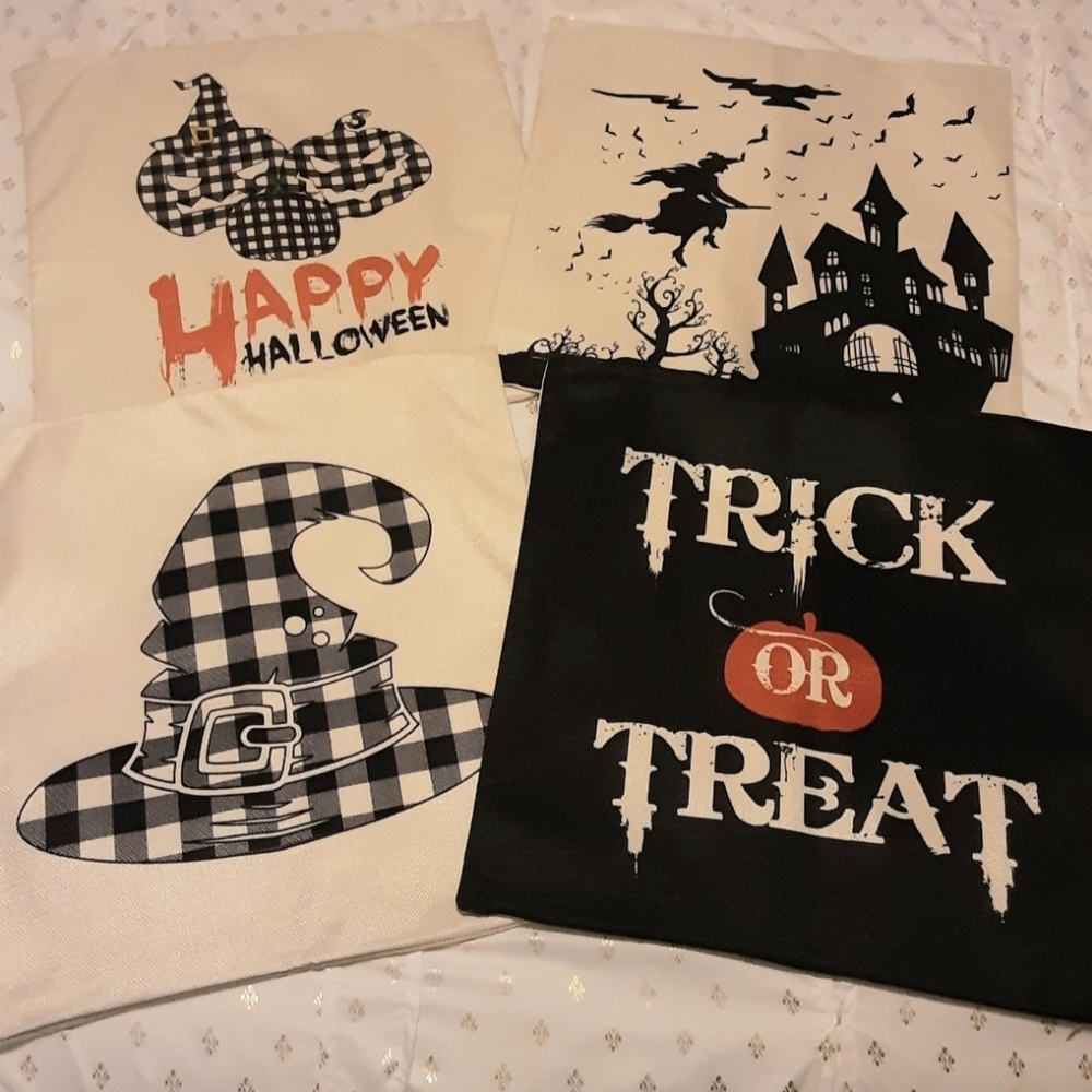 NEW Set of 4 Halloween Pillowcovers - Natural w/black buffalo plaid